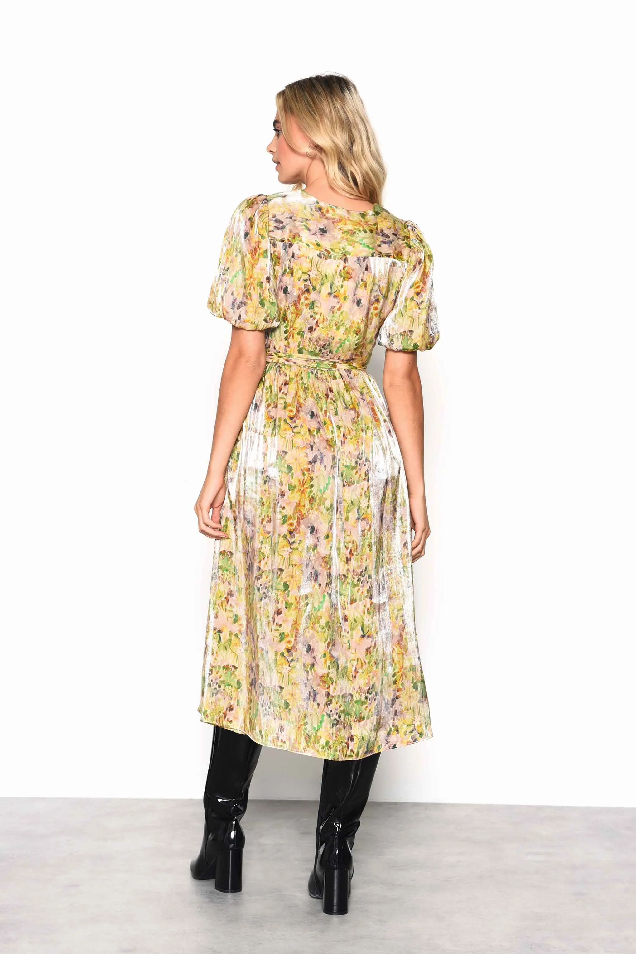 Glamorous Smudgy Floral Belted Midi Dress with Statement Collar and Sleeves