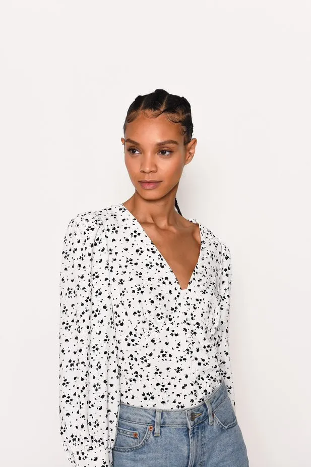 Glamorous White Black Splodge Print V-Neck Long Sleeved Top