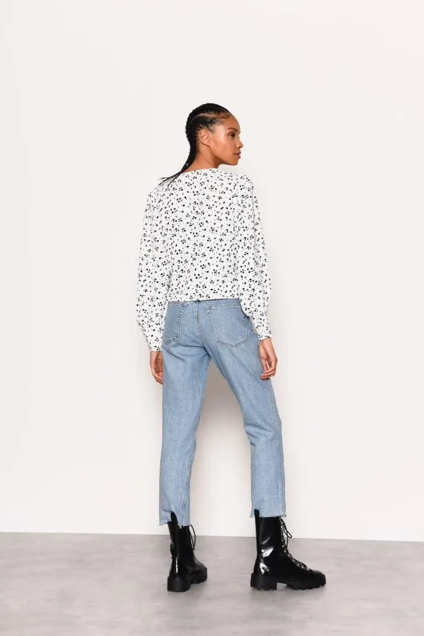 Glamorous White Black Splodge Print V-Neck Long Sleeved Top