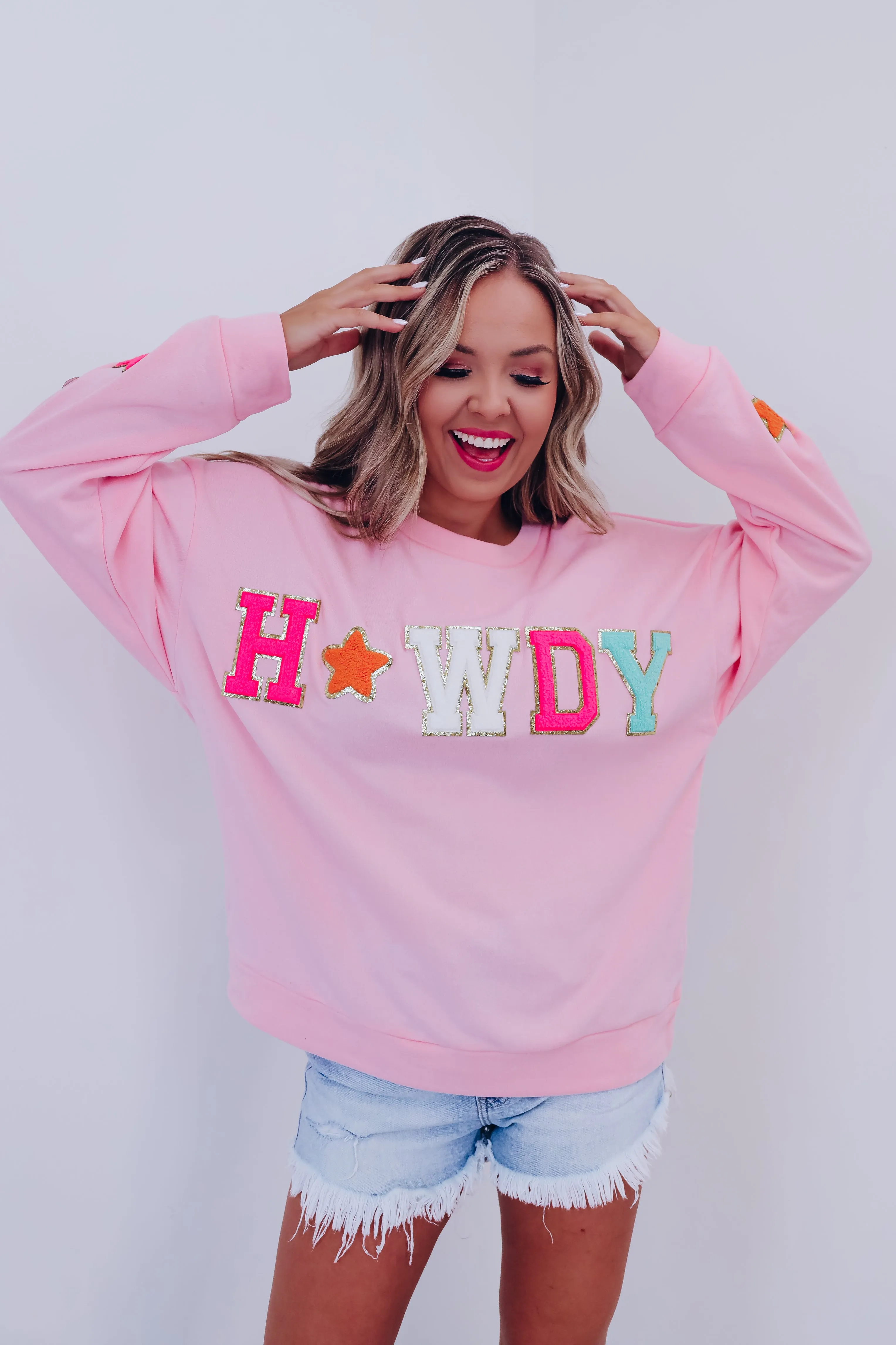 Glitter Howdy Patch Graphic Sweatshirt - Pink