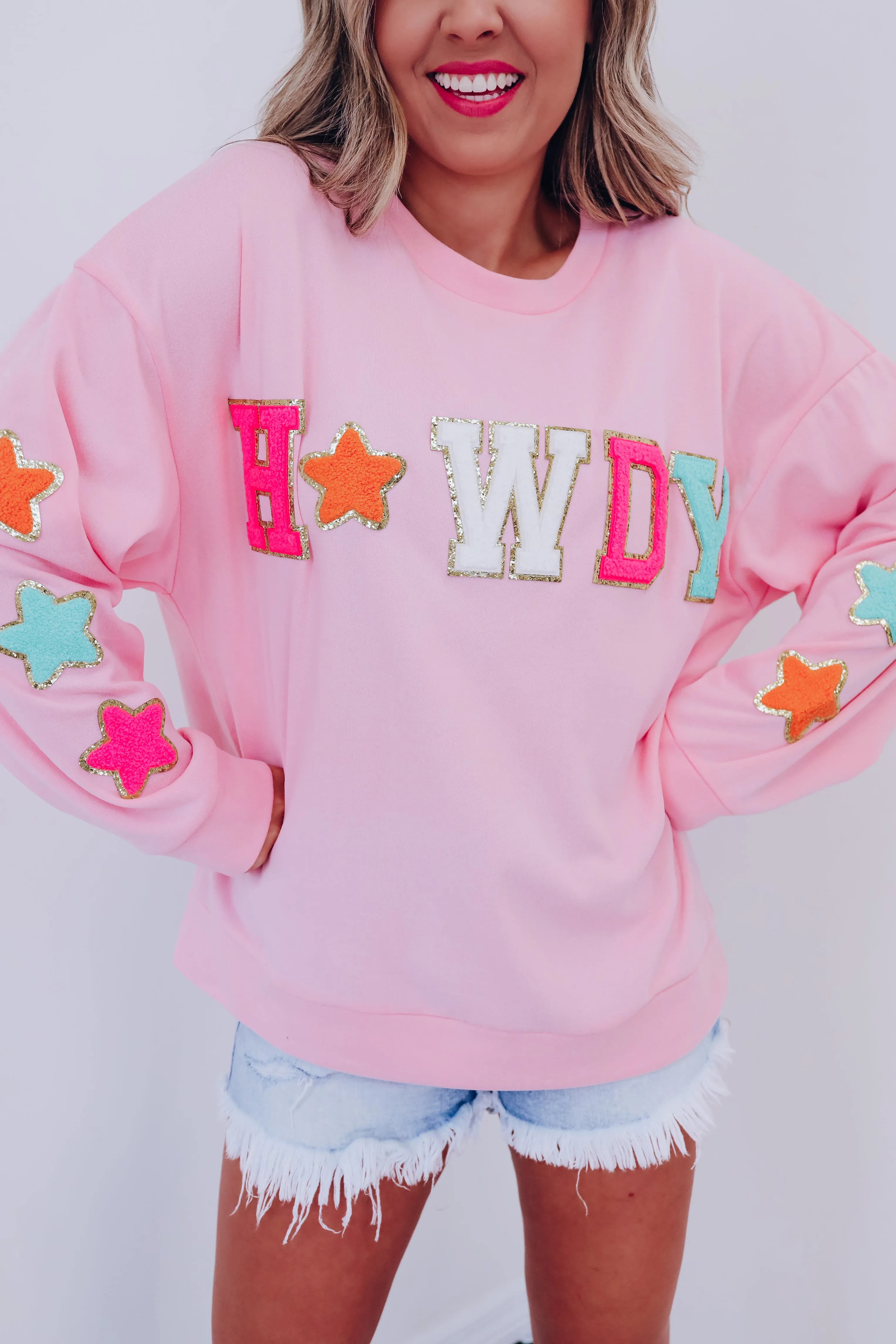 Glitter Howdy Patch Graphic Sweatshirt - Pink