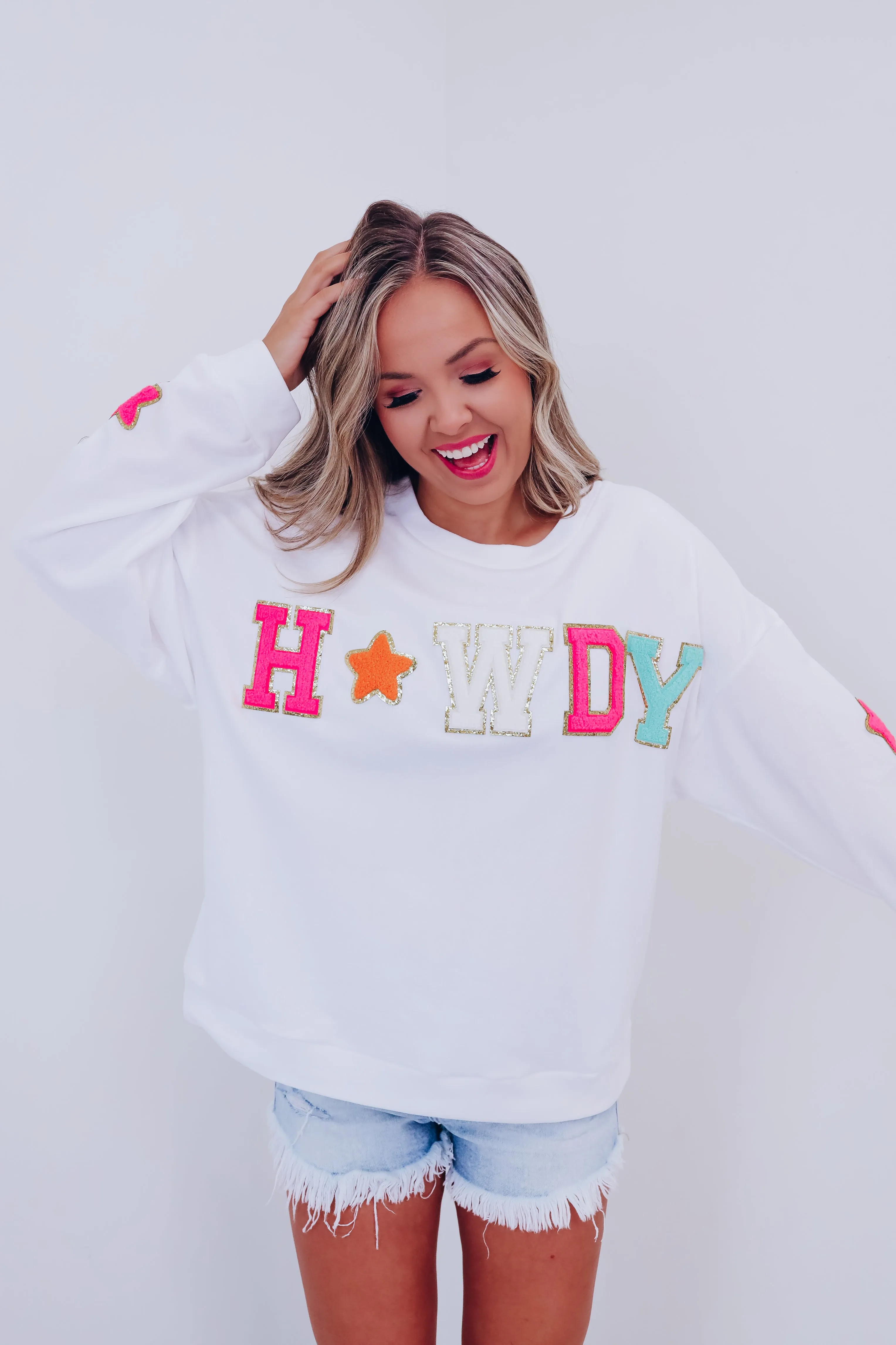 Glitter Howdy Patch Graphic Sweatshirt - White