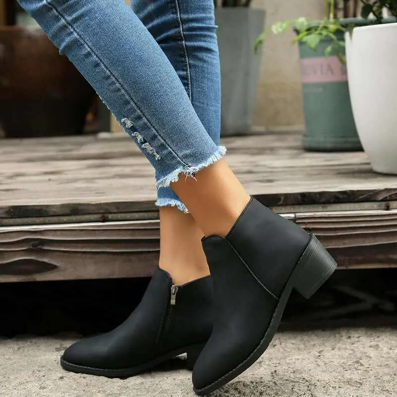 Glow Chic's Chunky Mid Heel Waterproof Ankle Boots with Side Zipper