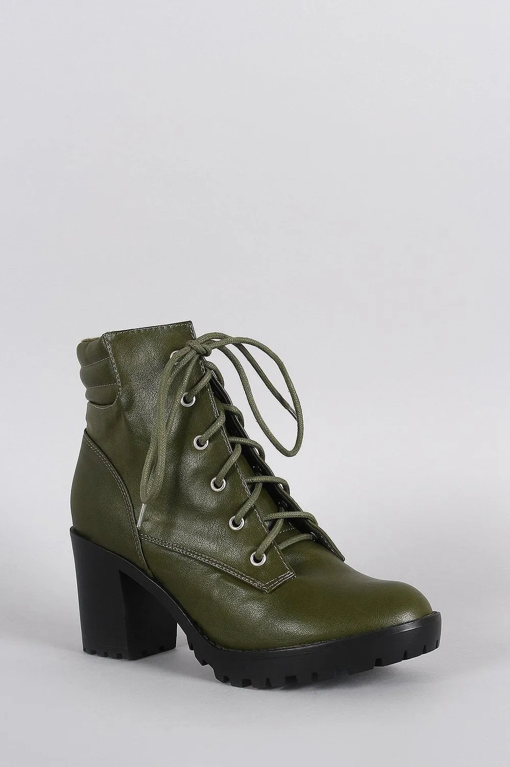 Green Chunky Lug Platform Chunky Heeled Combat Women's Vegan Booties