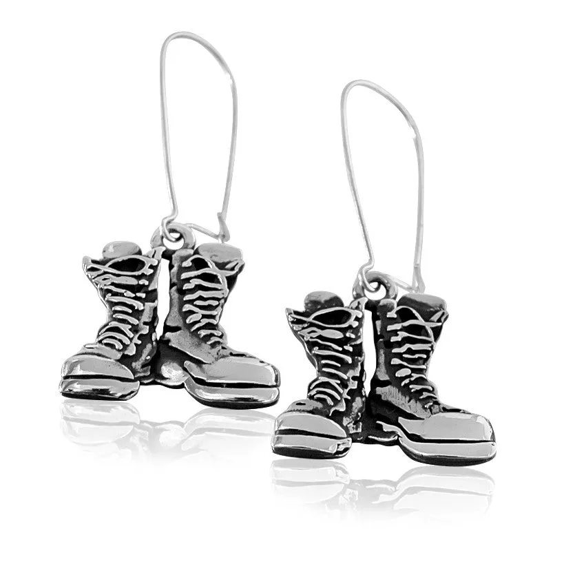 Hard Core Earrings - Antiqued or Shined - 19 mm Stainless Steel, Sterling Silver, 14K Gold or Gold-Plated over Stainless Steel Combat Boots dangling from a Large Kidney Style Ear Wire