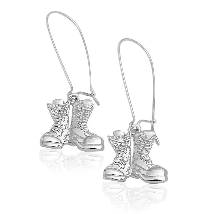 Hard Core Earrings - Antiqued or Shined - 19 mm Stainless Steel, Sterling Silver, 14K Gold or Gold-Plated over Stainless Steel Combat Boots dangling from a Large Kidney Style Ear Wire