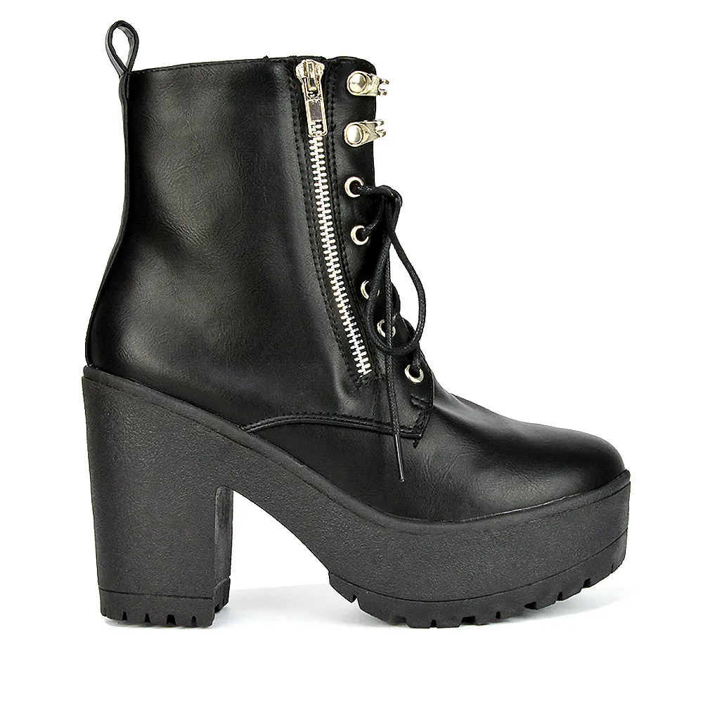 Harlin Combat Platform Block High Heel Ankle Boots in Black Synthetic Leather