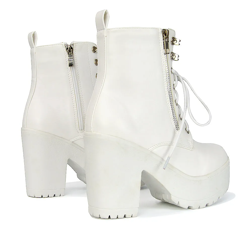 Harlin Combat Platform Block High Heel Ankle Boots in White Synthetic Leather