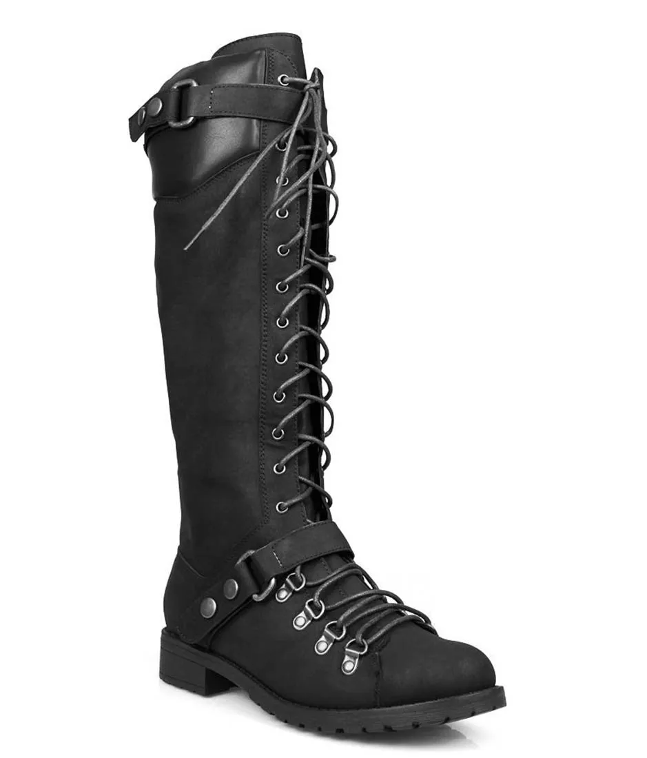 Harness Moto Vegan Leatherette Knee High Lace Up Harness Moto Women's Boot