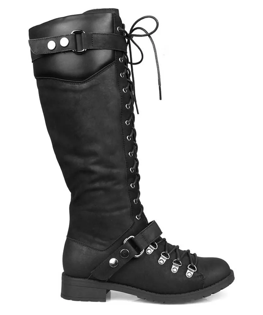 Harness Moto Vegan Leatherette Knee High Lace Up Harness Moto Women's Boot