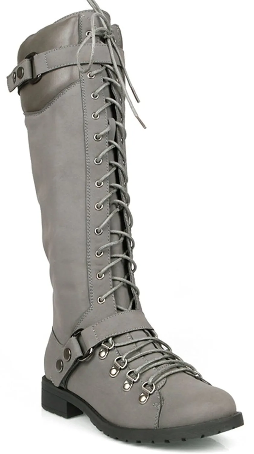 Harness Moto Vegan Leatherette Knee High Lace Up Harness Moto Women's Boot