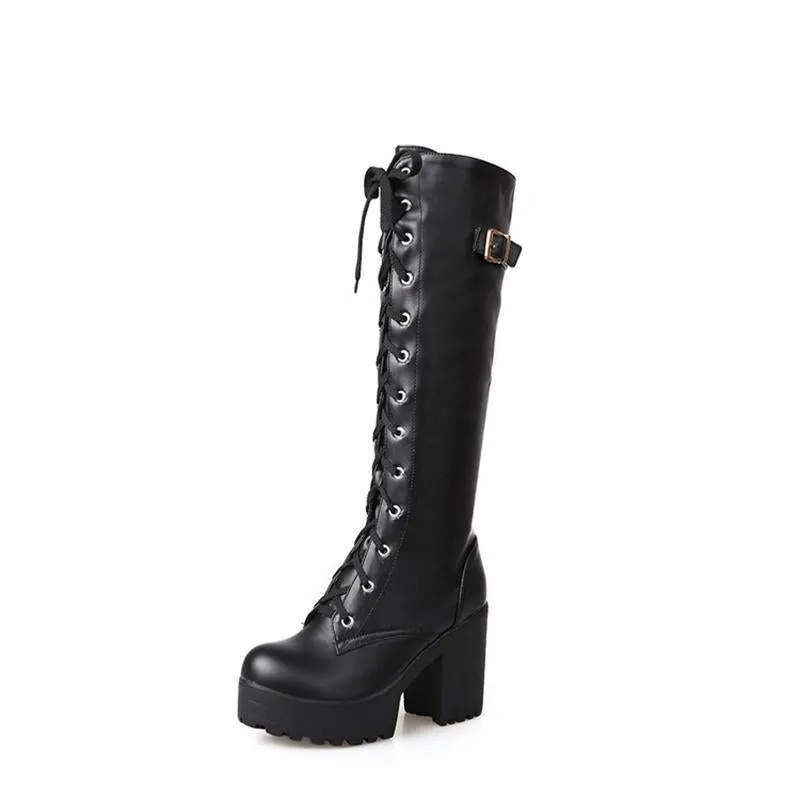 Heeled combat boots plaform lace-up mid calf motorcycle boots