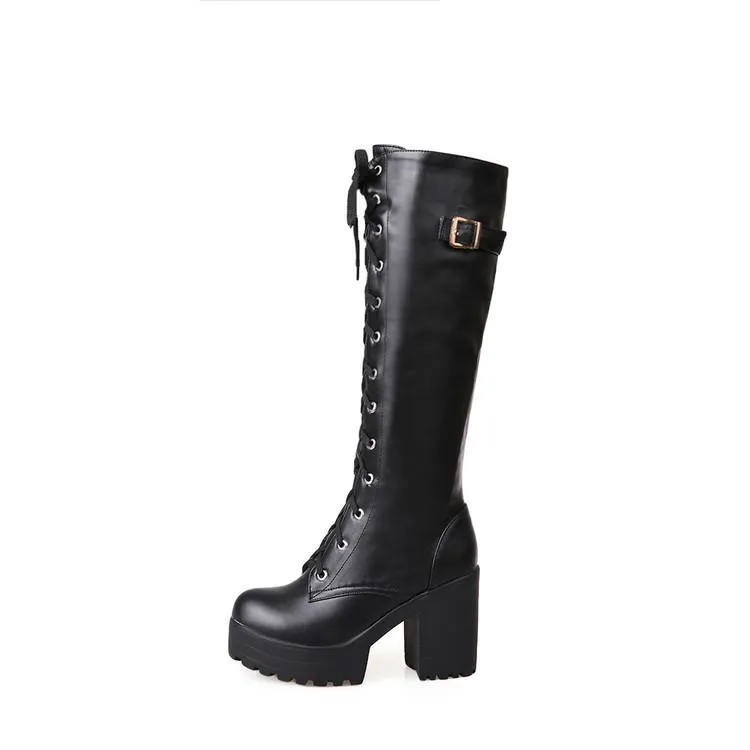 Heeled combat boots plaform lace-up mid calf motorcycle boots