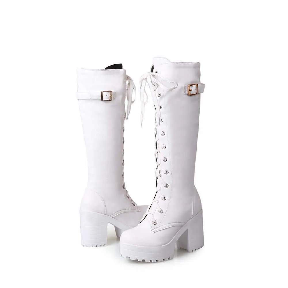 Heeled combat boots plaform lace-up mid calf motorcycle boots