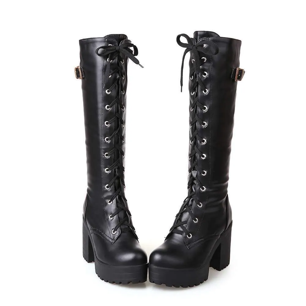 Heeled combat boots plaform lace-up mid calf motorcycle boots