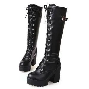 Heeled combat boots plaform lace-up mid calf motorcycle boots