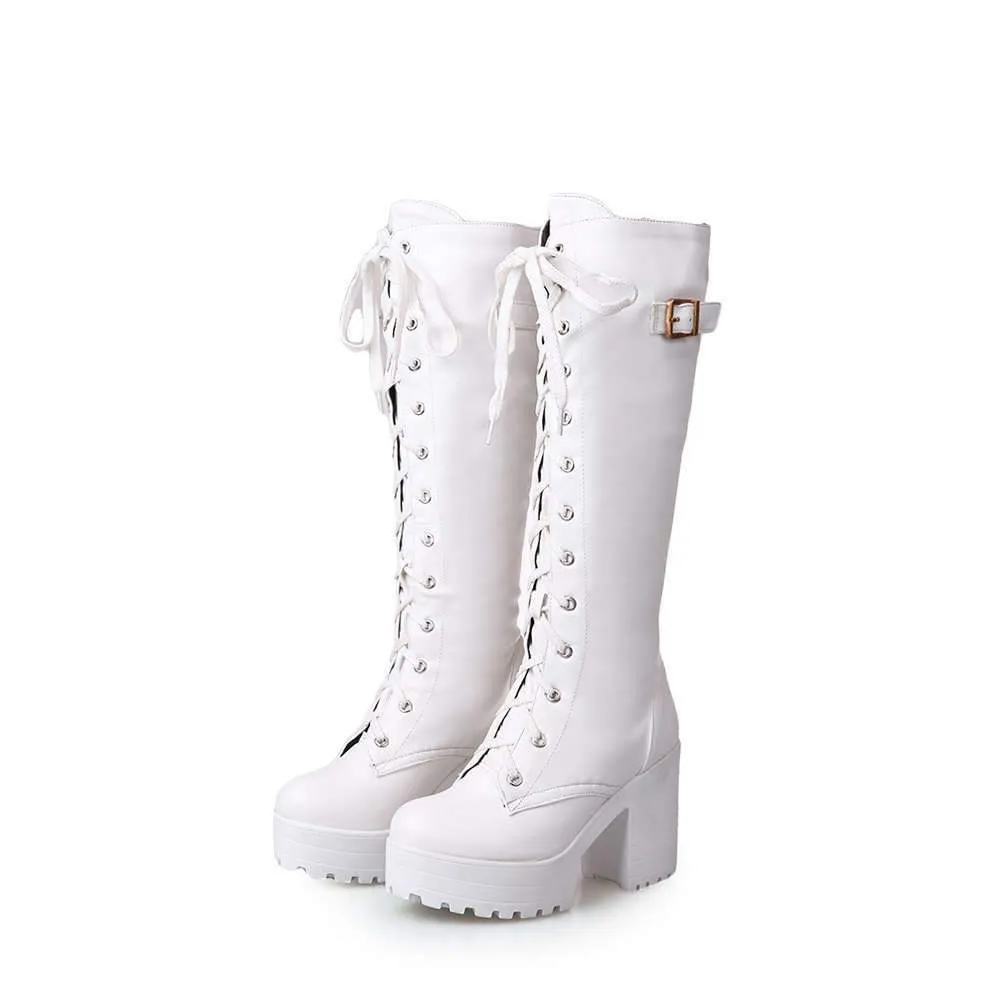 Heeled combat boots plaform lace-up mid calf motorcycle boots