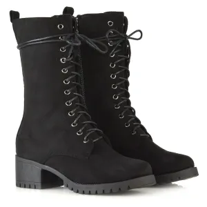 JENNIFER LACE LOW BLOCK HEELED MILITARY BIKER ANKLE BOOTS IN BLACK FAUX SUEDE