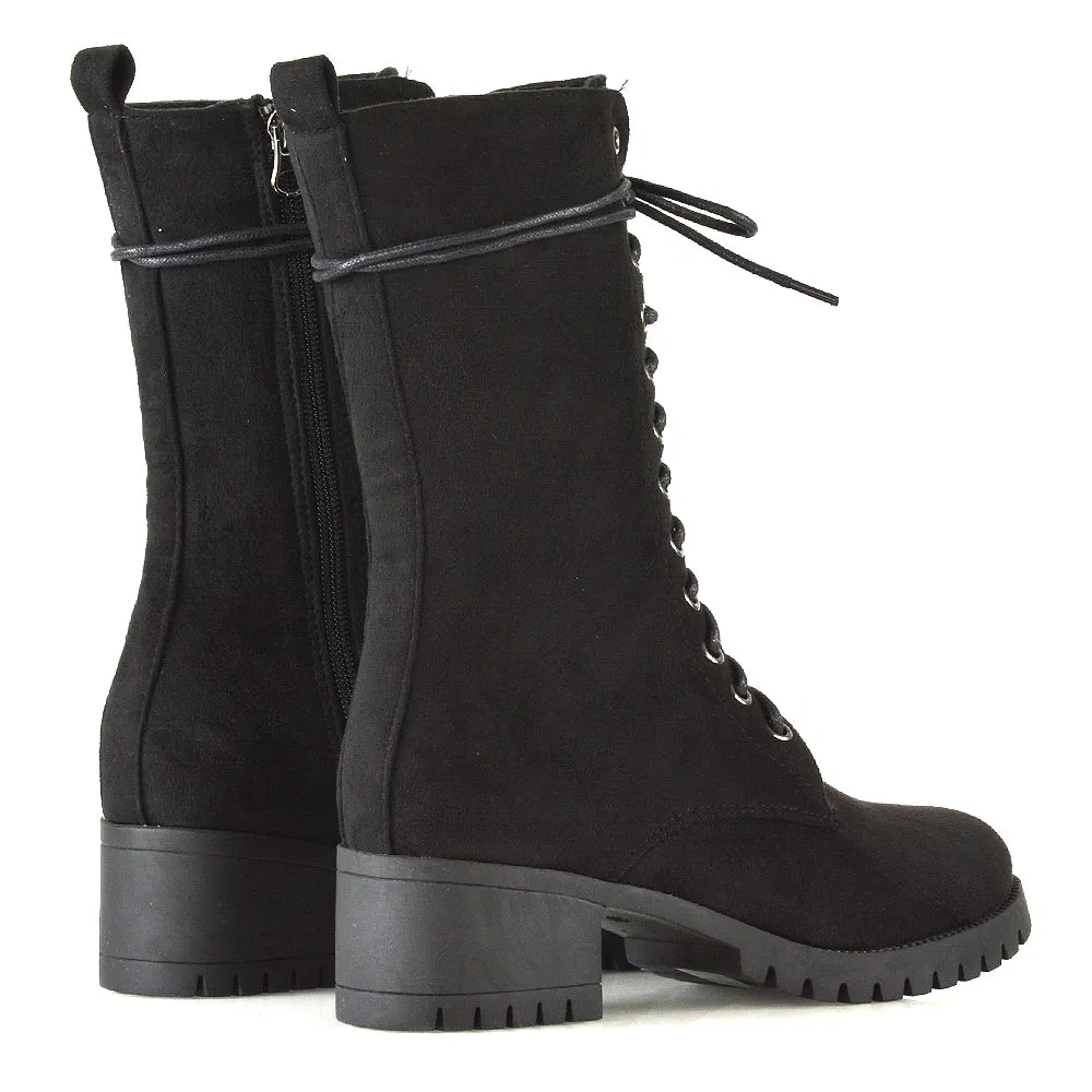 JENNIFER LACE LOW BLOCK HEELED MILITARY BIKER ANKLE BOOTS IN BLACK FAUX SUEDE