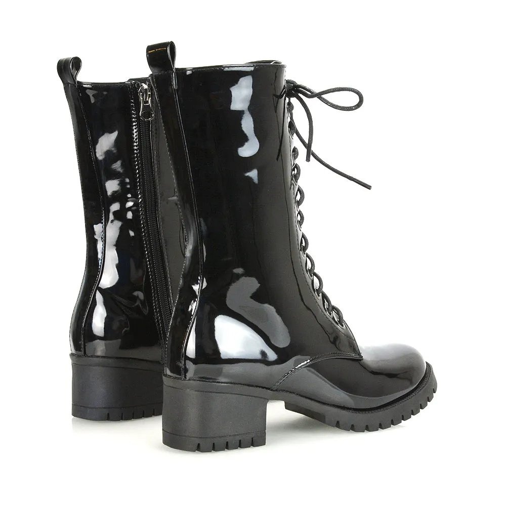 JENNIFER LACE LOW BLOCK HEELED MILITARY BIKER ANKLE BOOTS IN BLACK PATENT