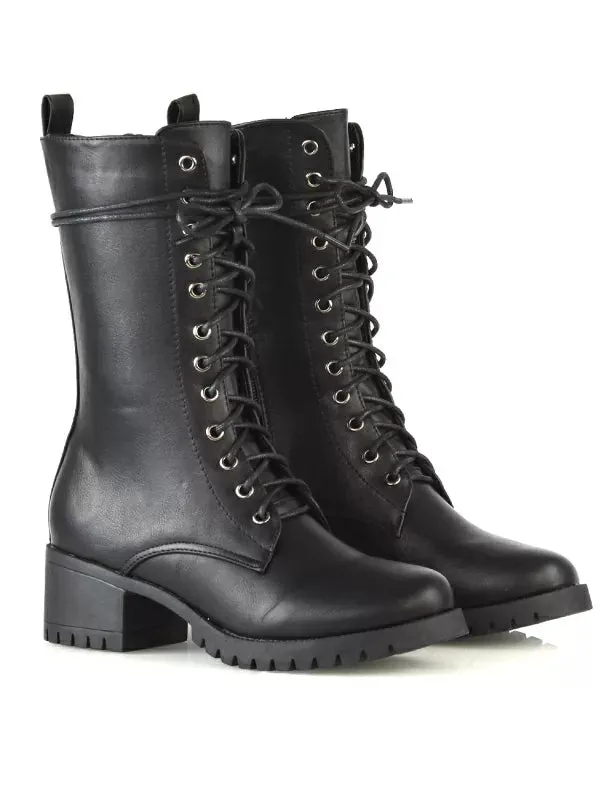 JENNIFER LACE LOW BLOCK HEELED MILITARY BIKER ANKLE BOOTS IN BLACK PATENT