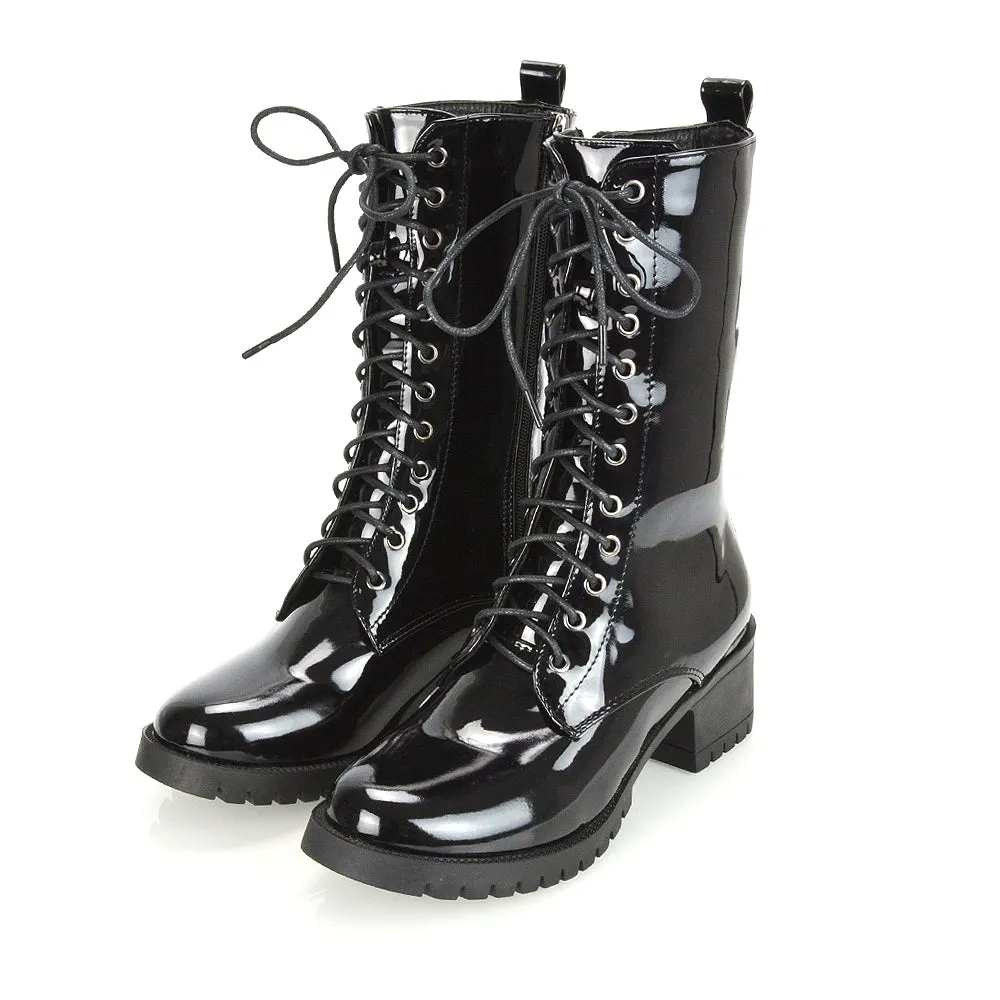 JENNIFER LACE LOW BLOCK HEELED MILITARY BIKER ANKLE BOOTS IN BLACK PATENT