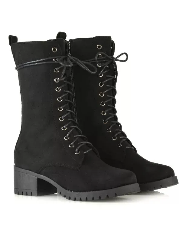 JENNIFER LACE LOW BLOCK HEELED MILITARY BIKER ANKLE BOOTS IN BLACK PATENT