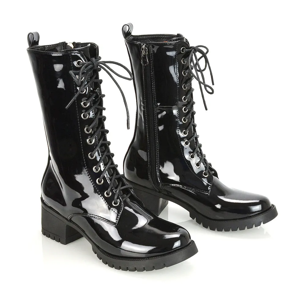 JENNIFER LACE LOW BLOCK HEELED MILITARY BIKER ANKLE BOOTS IN BLACK PATENT