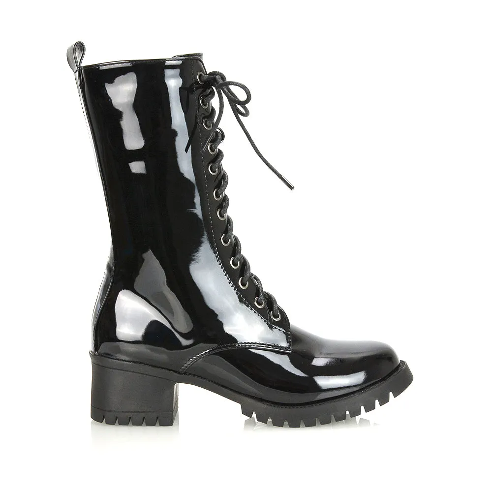 JENNIFER LACE LOW BLOCK HEELED MILITARY BIKER ANKLE BOOTS IN BLACK PATENT