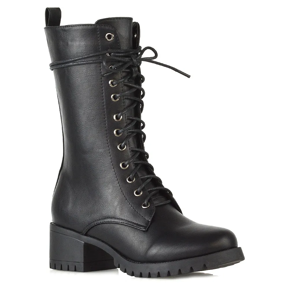 JENNIFER LACE LOW BLOCK HEELED MILITARY BIKER ANKLE BOOTS IN BLACK SYNTHETIC LEATHER