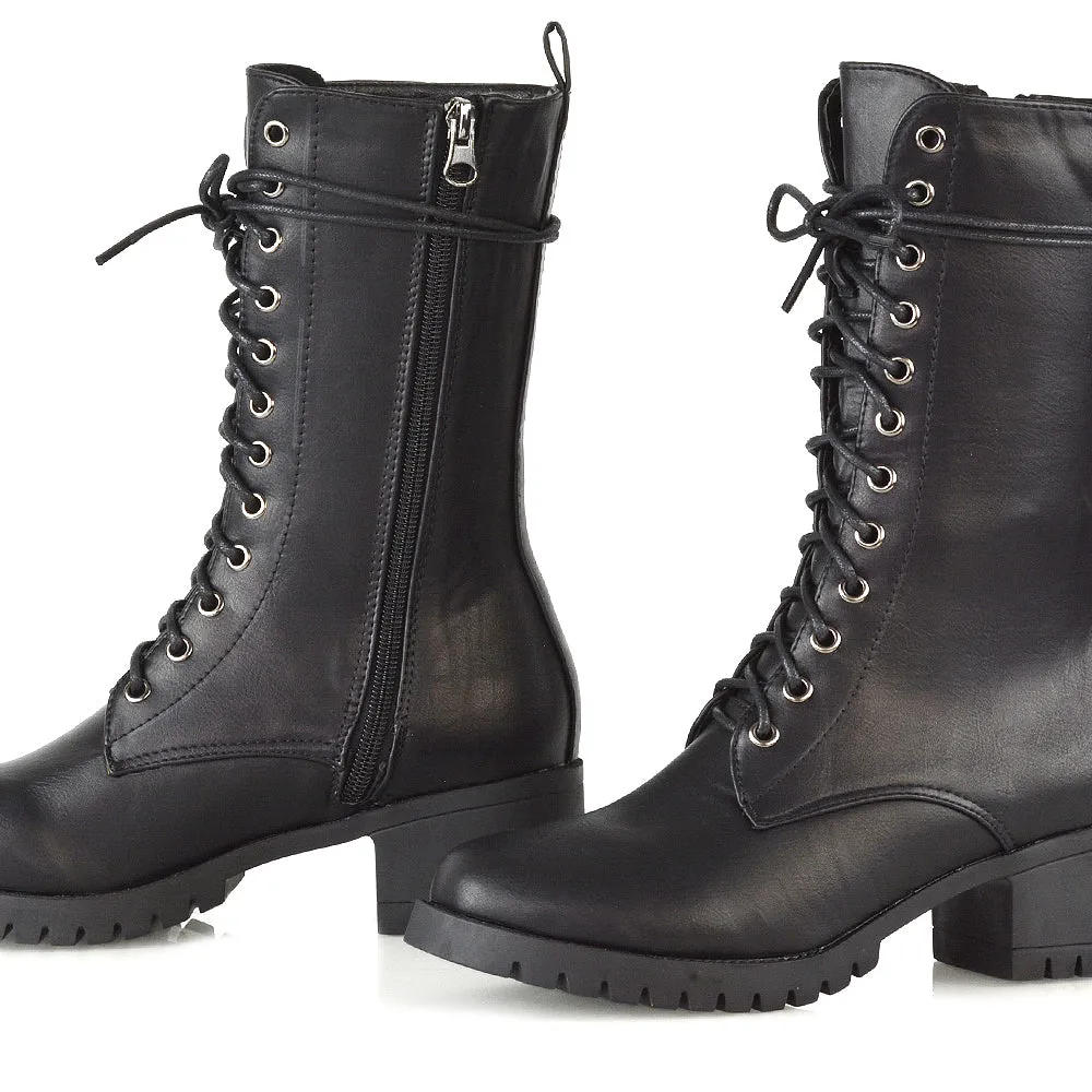 JENNIFER LACE LOW BLOCK HEELED MILITARY BIKER ANKLE BOOTS IN BLACK SYNTHETIC LEATHER