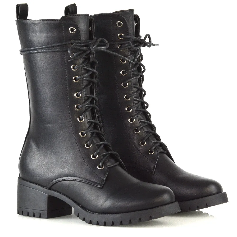 JENNIFER LACE LOW BLOCK HEELED MILITARY BIKER ANKLE BOOTS IN BLACK SYNTHETIC LEATHER