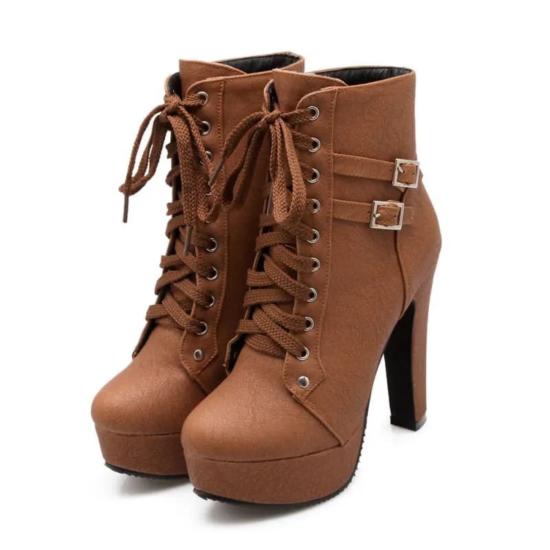 Lace Up Ankle Boots with Buckle Detail and Round Toe