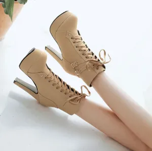 Lace Up Ankle Boots with Buckle Detail and Round Toe