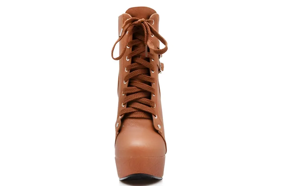 Lace Up Ankle Boots with Buckle Detail and Round Toe