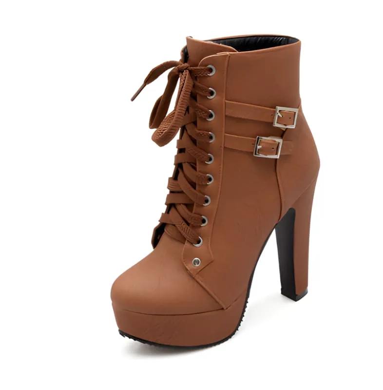 Lace Up Ankle Boots with Buckle Detail and Round Toe