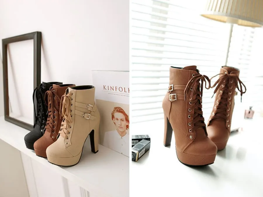 Lace Up Ankle Boots with Buckle Detail and Round Toe