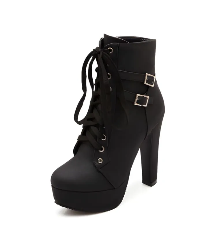 Lace Up Ankle Boots with Buckle Detail and Round Toe