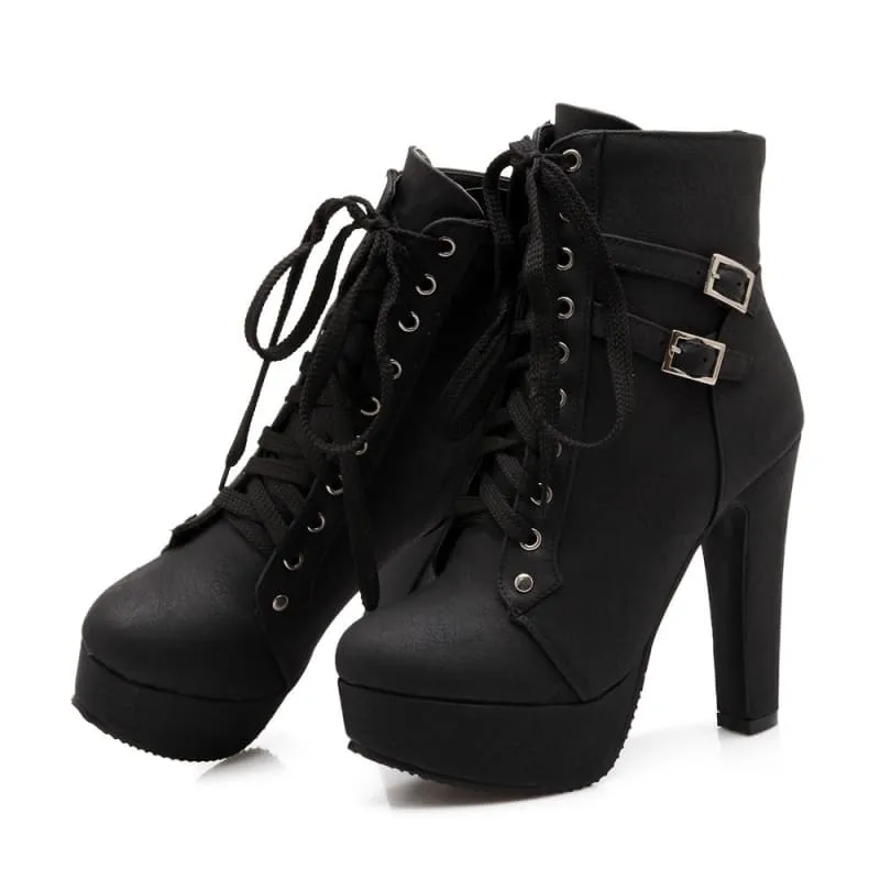 Lace Up Ankle Boots with Buckle Detail and Round Toe