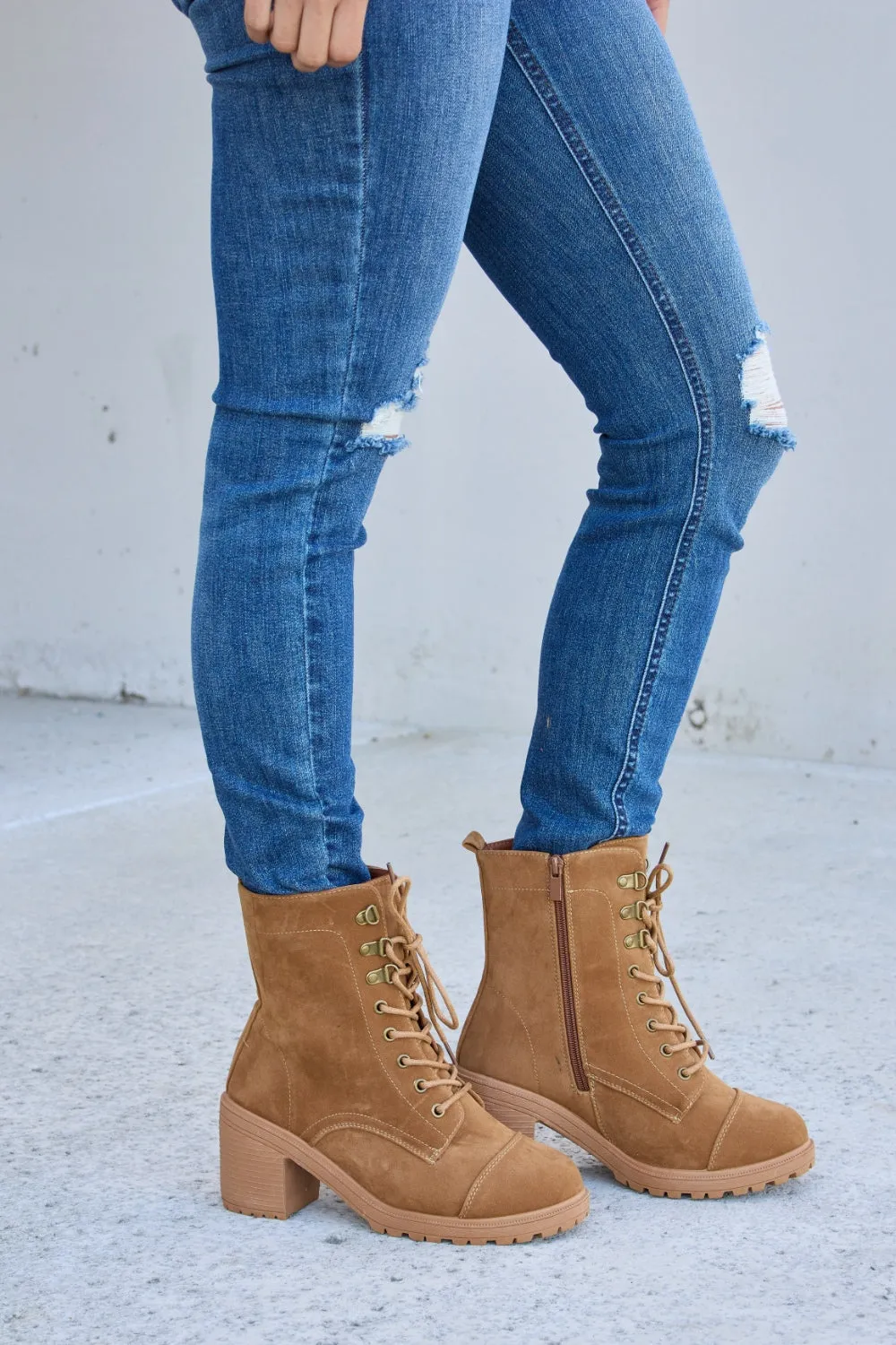 Lace-Up Zipper Detail Block Heel Boots