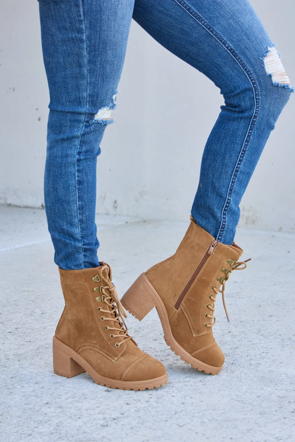 Lace-Up Zipper Detail Block Heel Boots