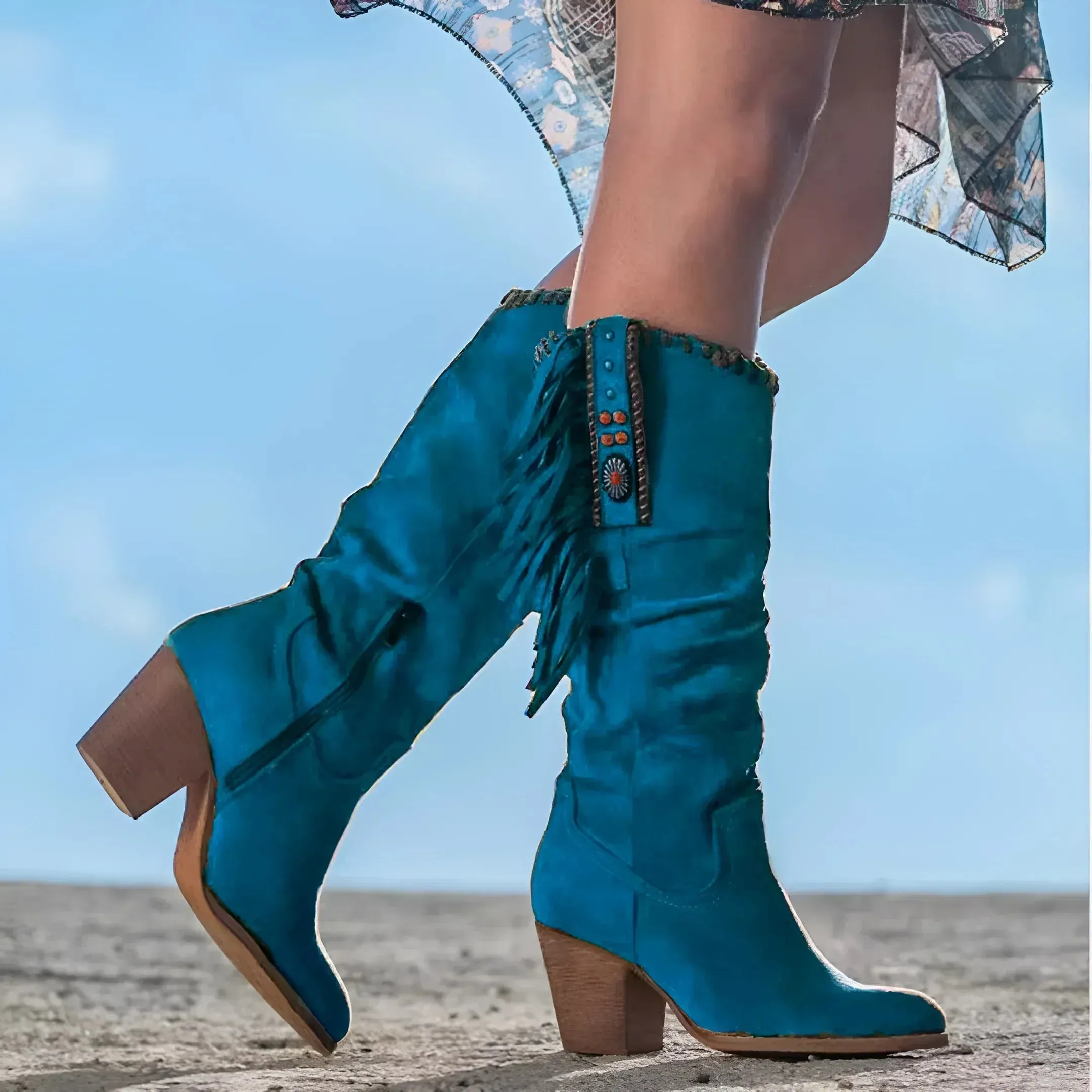 Maddie™ | Stylish genuine leather cowboy boots with fringe details