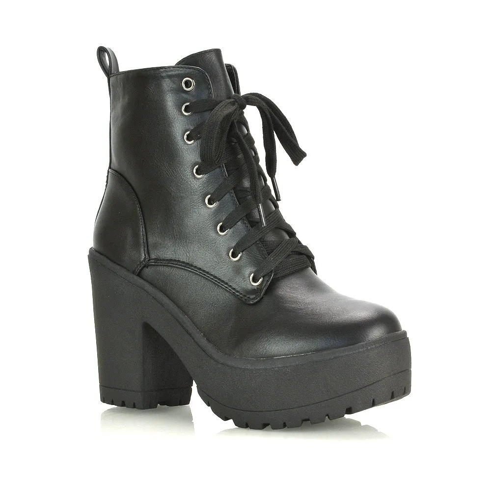 Merida Lace up Chunky Platform Block High Heel Ankle Boots in Black Canvas