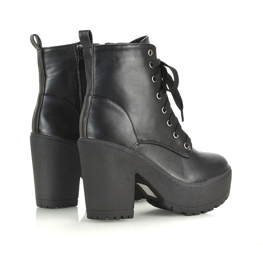 Merida Lace up Chunky Platform Block High Heel Ankle Boots in Black Canvas