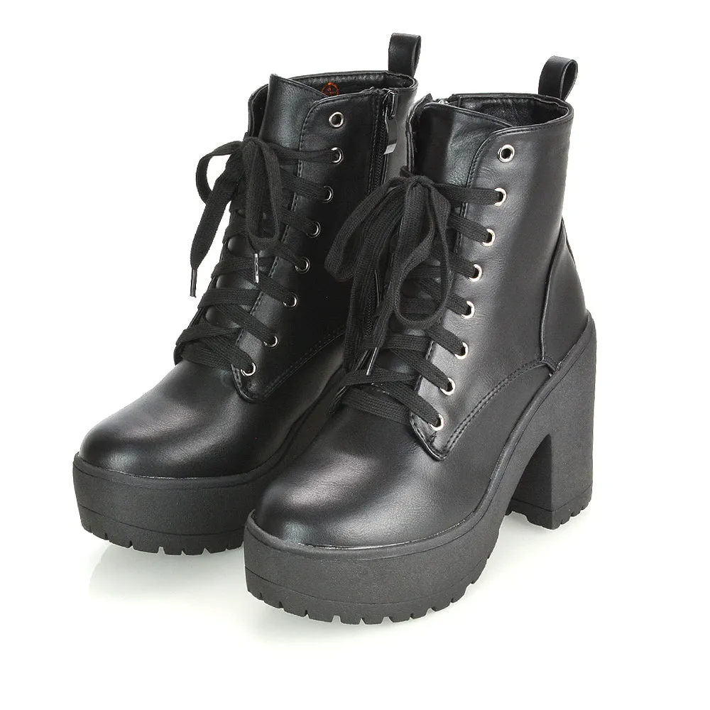 Merida Lace up Chunky Platform Block High Heel Ankle Boots in Black Canvas