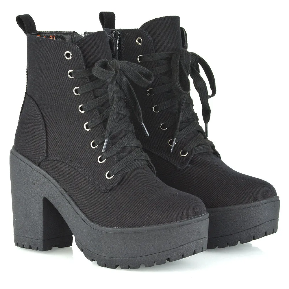 Merida Lace up Chunky Platform Block High Heel Ankle Boots in Black Synthetic Leather