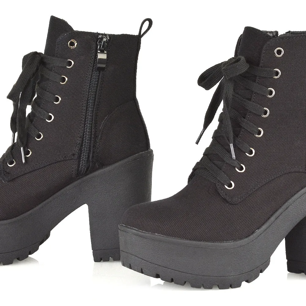 Merida Lace up Chunky Platform Block High Heel Ankle Boots in Black Synthetic Leather