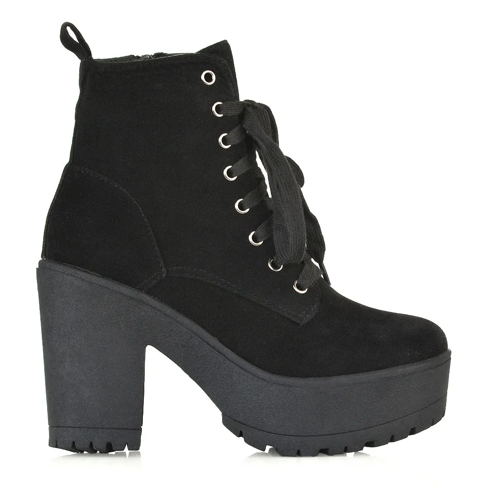 Merida Lace up Chunky Platform Block High Heel Ankle Boots in Black Synthetic Leather