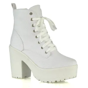 Merida Lace up Chunky Platform Block High Heel Ankle Boots in White