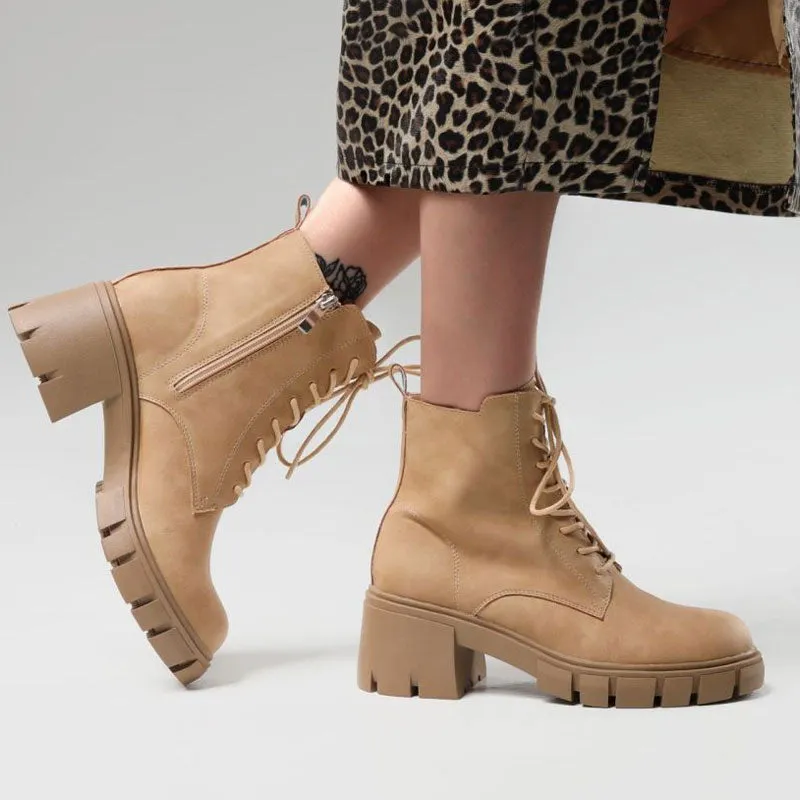 Military Round Toe Block Heel Lug Sole Lace Up Combat Boots - Apricot